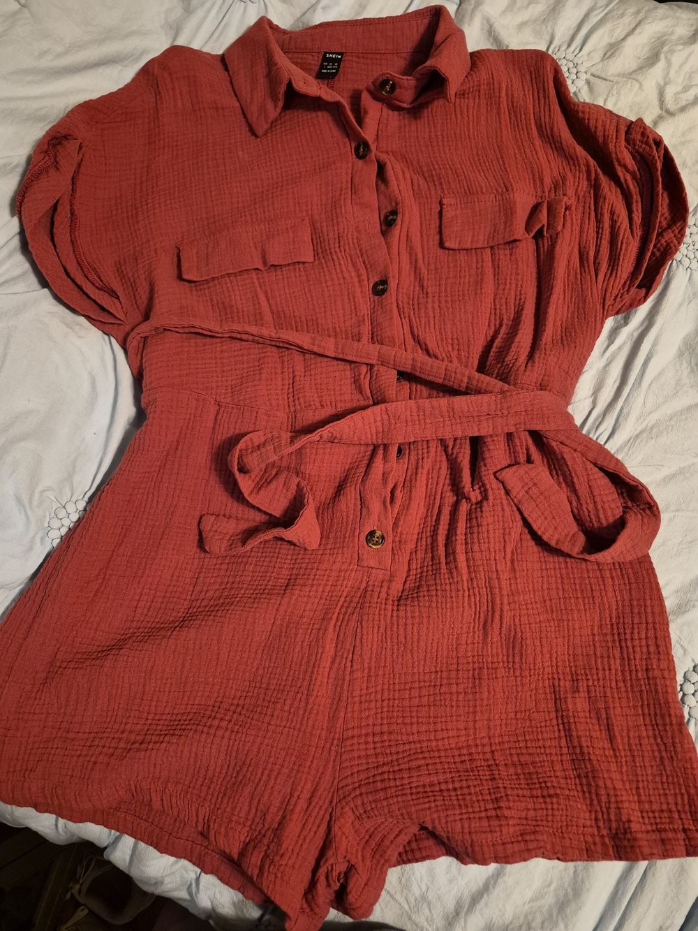 SHEIN Red Gauze Short Sleeve Button Romper with Waist Tie